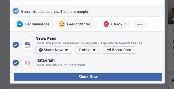 Come eseguire il cross-post su Instagram da Facebook sul desktop, passaggio 5, assicurarsi che l'opzione per pubblicare su Instagram sia selezionata