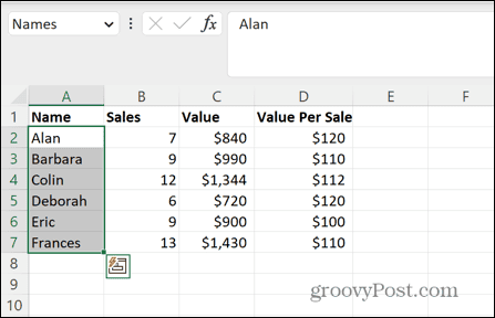 excel intervallo denominato selezionato