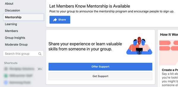 Come migliorare la tua community di gruppo Facebook, opzione di mentoring di gruppo Facebook ed esempio di dashboard 