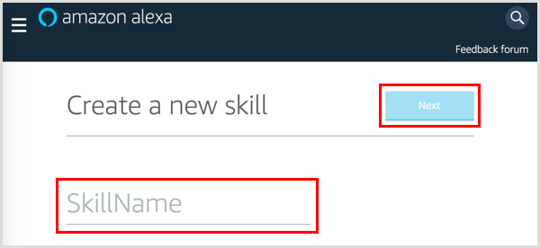 Digita un nome per la tua abilità Alexa.