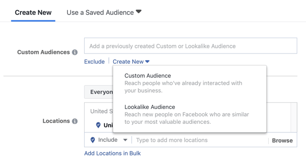 Opzioni per utilizzare un pubblico personalizzato o un pubblico simile per una campagna pubblicitaria principale di Facebook.