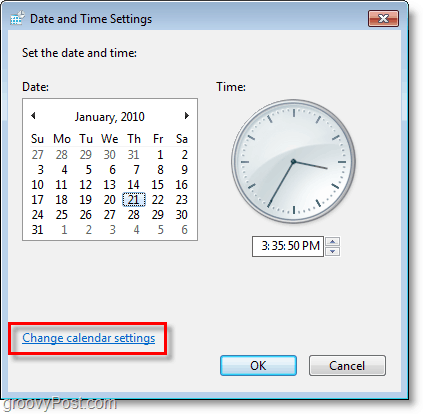 Schermata di Windows 7: modifica le impostazioni del calendario