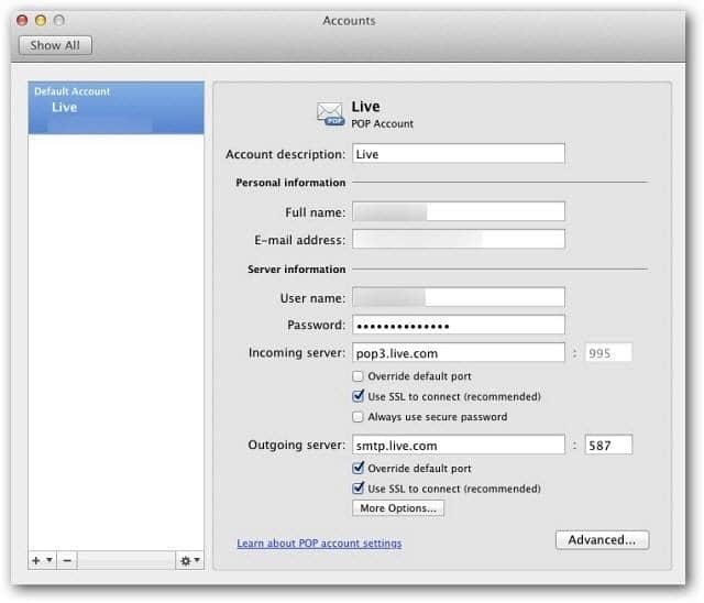 Microsoft Outlook Mac 2011: imposta Windows Live Mail utilizzando POP3