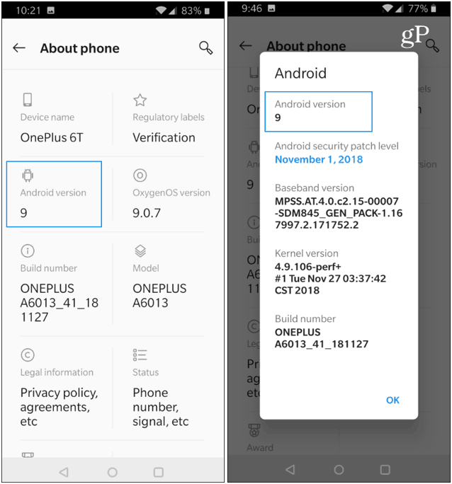 OnePlus Informazioni sul telefono Versione Android