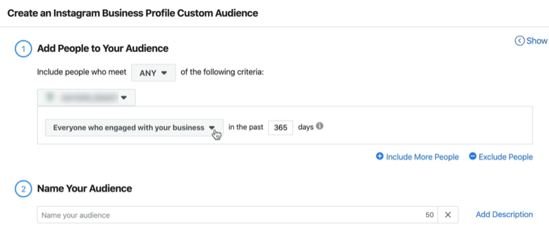 screenshot della finestra Crea un pubblico personalizzato del profilo aziendale di Instagram con le impostazioni predefinite di Tutti coloro che si sono impegnati con la tua azienda negli ultimi 365 giorni