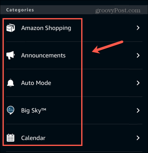 Categorie di notifiche dell'app Alexa