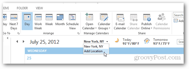 Tour meteo del calendario di Outlook 2013: fare clic su Aggiungi posizione