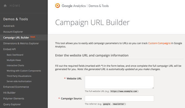 Utilizza Google URL Builder per aggiungere parametri ai tuoi URL in modo da poter monitorare le tue campagne.