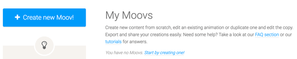 Fare clic sul pulsante Crea nuovo Moov per iniziare con Moovly.