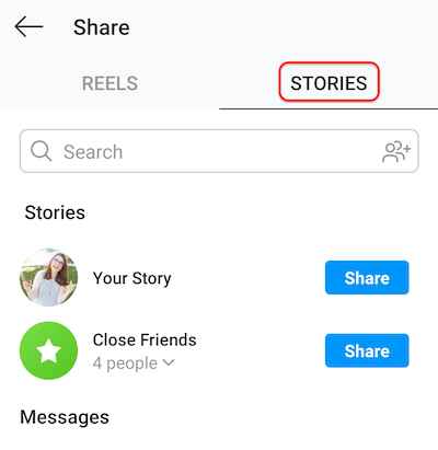 screenshot della schermata di pubblicazione di instagram che mostra la scheda storie che consente di condividere le bobine con la tua storia o con l'elenco degli amici intimi