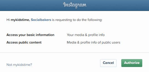 Autorizza Socialbakers ad accedere alle informazioni del tuo account Instagram.