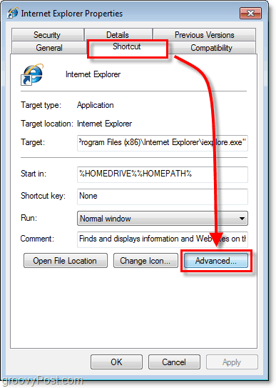 la scheda dei collegamenti nelle proprietà dei collegamenti per i collegamenti di Windows 7