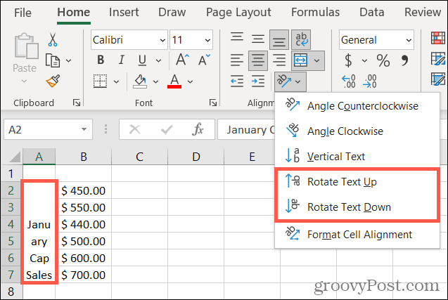 Ruota il testo in alto o in basso in Excel