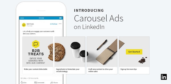 LinkedIn ha lanciato nuovi annunci carosello per i contenuti sponsorizzati che possono includere fino a 10 schede personalizzate e scorrevoli.