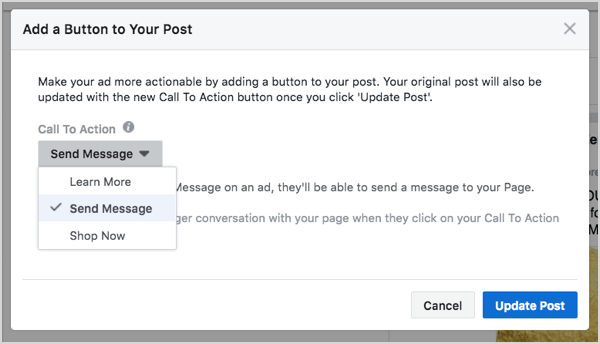 Selezione del pulsante Facebook Messenger nella creazione dell'annuncio.