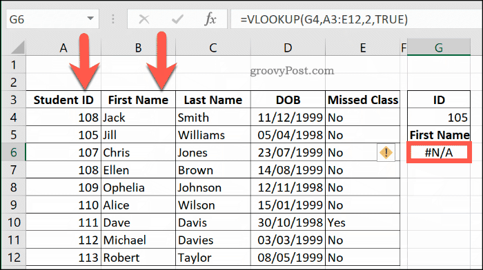 Un altro esempio di errore NA con VLOOKUP in Excel, a causa di un intervallo di dati non ordinato correttamente