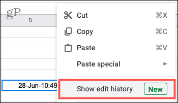 Fai clic con il pulsante destro del mouse e seleziona Mostra cronologia modifiche in Fogli Google