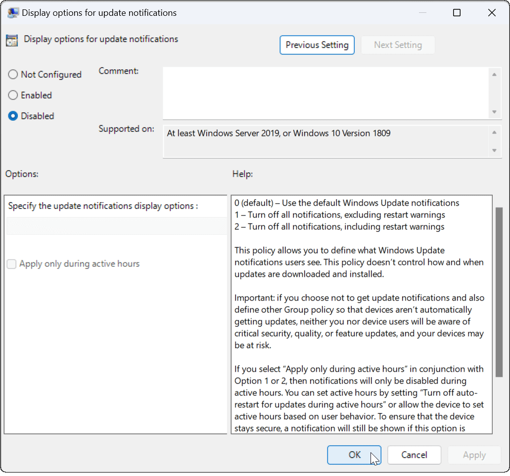 Disabilita le notifiche di aggiornamento su Windows 11