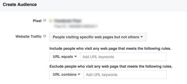 Crea un pubblico personalizzato di Facebook composto da persone che visitano pagine specifiche del tuo sito.