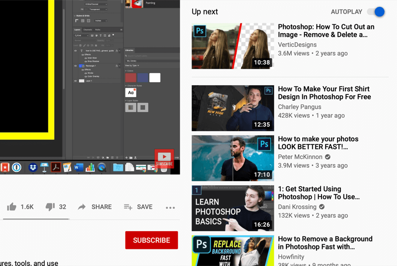 schermata di visualizzazione del video di YouTube che mostra i video a riproduzione automatica sul lato destro dello schermo, consigliato da YouTube in base a ciò che viene guardato