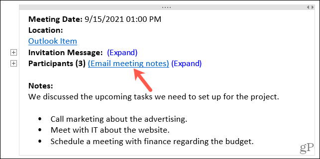 E-mail note sulla riunione