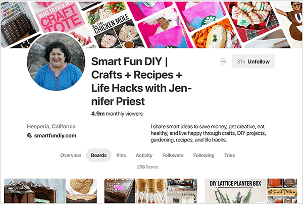 Questo è uno screenshot del profilo Pinterest di Jennifer Priest, con la scheda Bacheche selezionata. L
