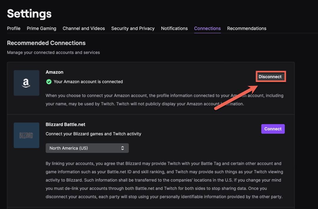 Collega il tuo account Amazon Prime a Twitch nella scheda Connessioni delle impostazioni di Twitch