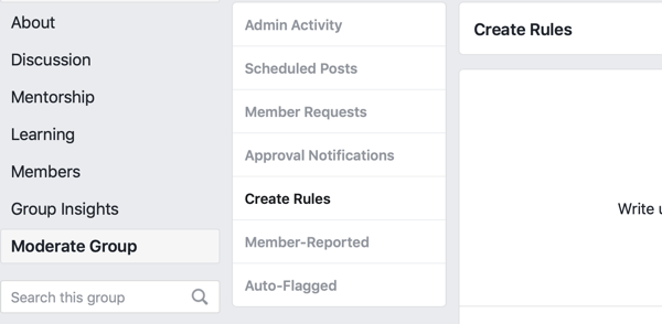Come migliorare la community del tuo gruppo Facebook, opzione del menu Facebook per creare regole per moderare il tuo gruppo