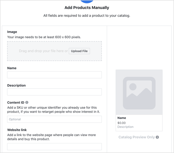 Inserisci i dettagli per aggiungere un prodotto al tuo catalogo Facebook.