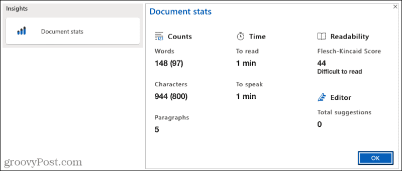 Statistiche documento Microsoft Editor