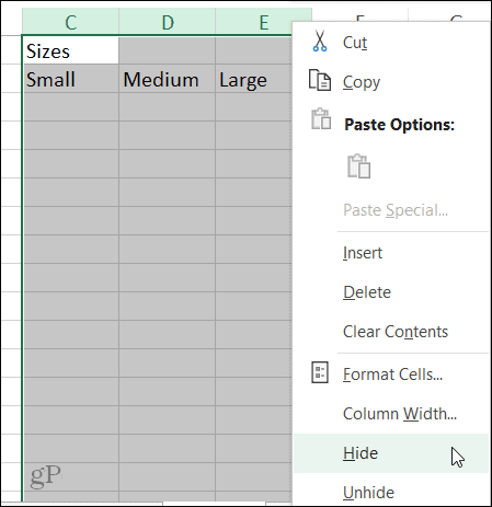 Nascondi il collegamento alla colonna in Excel su Windows