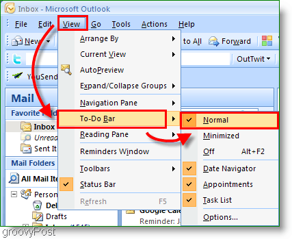Barra delle cose da fare di Outlook 2007: personalizza la visualizzazione su normale