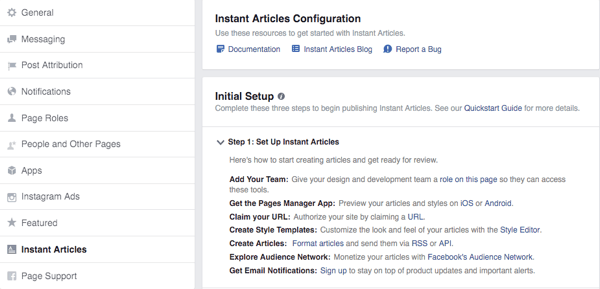 schermata di configurazione degli articoli istantanei di Facebook