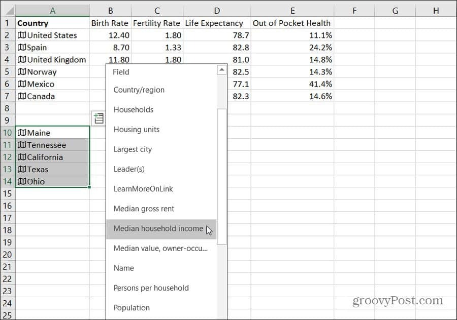 importare dati di stato in Excel