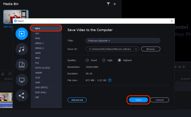 esportare il file video in Movavi Video Editor Plus