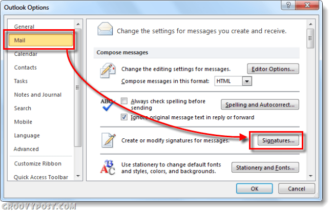firme di posta nelle opzioni di Outlook 2010