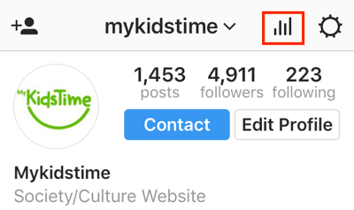 Tocca l'icona del grafico a barre per accedere a Instagram Insights dall'app di Instagram.