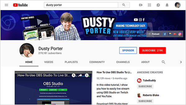 Il canale YouTube di Dusty Porter presenta un