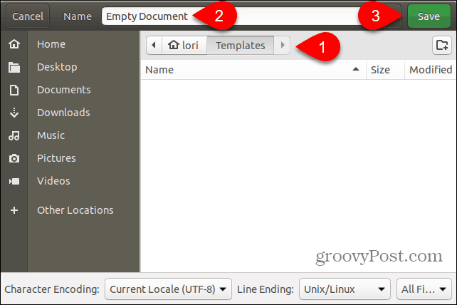Salvare il file modello documento vuoto nella cartella Modelli in Ubuntu