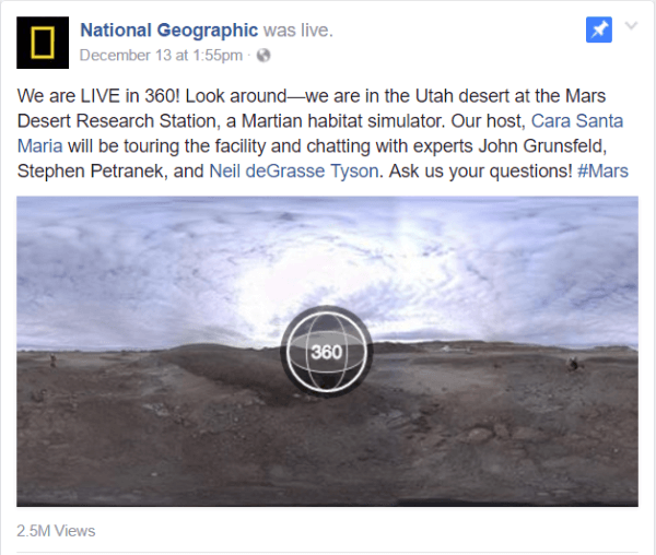 Facebook ha lanciato il video Live 360 ​​questa settimana con un rapporto del National Geographic dalla struttura della Mars Desert Research Station nello Utah.