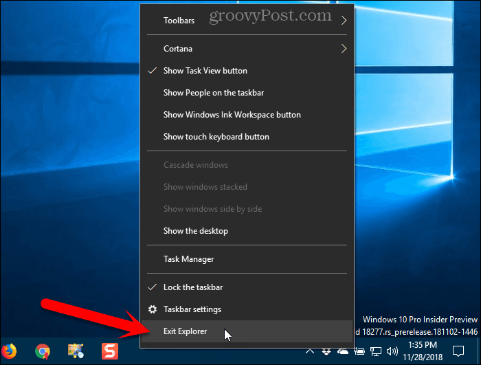Seleziona Esci da Esplora risorse dal menu di scelta rapida della barra delle applicazioni in Windows 10