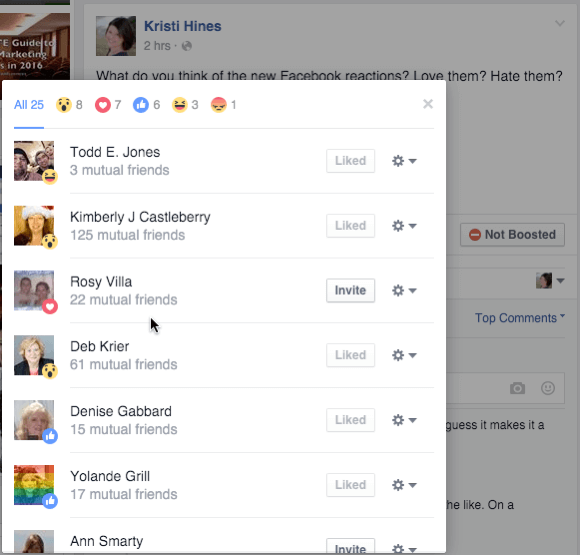 dettagli delle reazioni di Facebook da un post