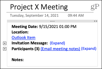 Dettagli della riunione in OneNote sul Mac