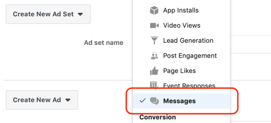 Come ottenere lead con annunci di Facebook Messenger, messaggi impostati come destinazione a livello di set di annunci