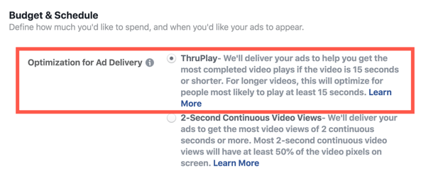 Ottimizzazione ThruPlay di Facebook per annunci video, passaggio 2.