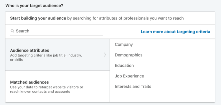 Chi è la sezione del tuo pubblico di destinazione in LinkedIn Campaign Manager