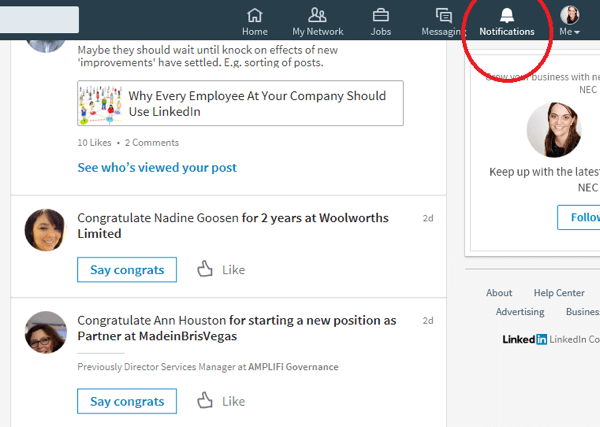 Quando fai clic sull'icona Notifiche, LinkedIn mostra i collegamenti che hanno avuto di recente un'occasione speciale.