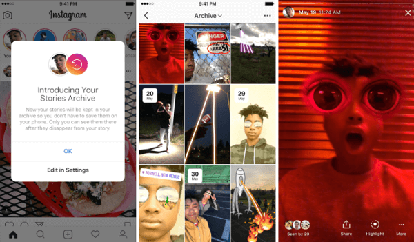 Il nuovo archivio di storie di Instagram salva automaticamente le storie scadute in una parte privata di un profilo.