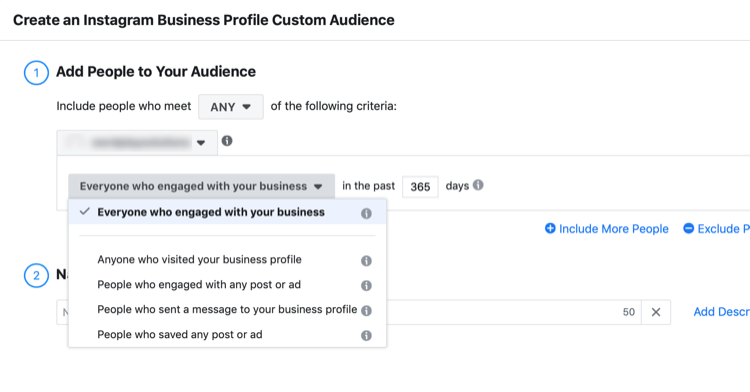 Crea una finestra di dialogo Pubblico personalizzato del profilo aziendale di Instagram