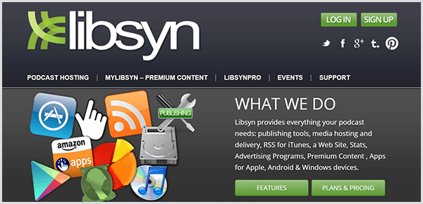 Chris Brogan usa Libsyn per ospitare i file audio per il suo flash briefing su Alexa. Il sito Web Libsyn ha elementi di navigazione per l'hosting di podcast, contenuti premium, funzionalità professionali, eventi e supporto.